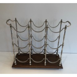Porte-Bouteilles en Métal Argenté sur Socle en Bois, Travail Français, Vers 1960