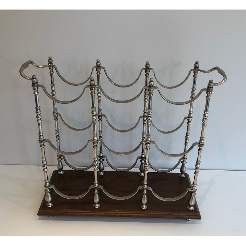 Porte-Bouteilles en Métal Argenté sur Socle en Bois, Travail Français, Vers 1960