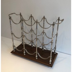 Porte-Bouteilles en Métal Argenté sur Socle en Bois, Travail Français, Vers 1960
