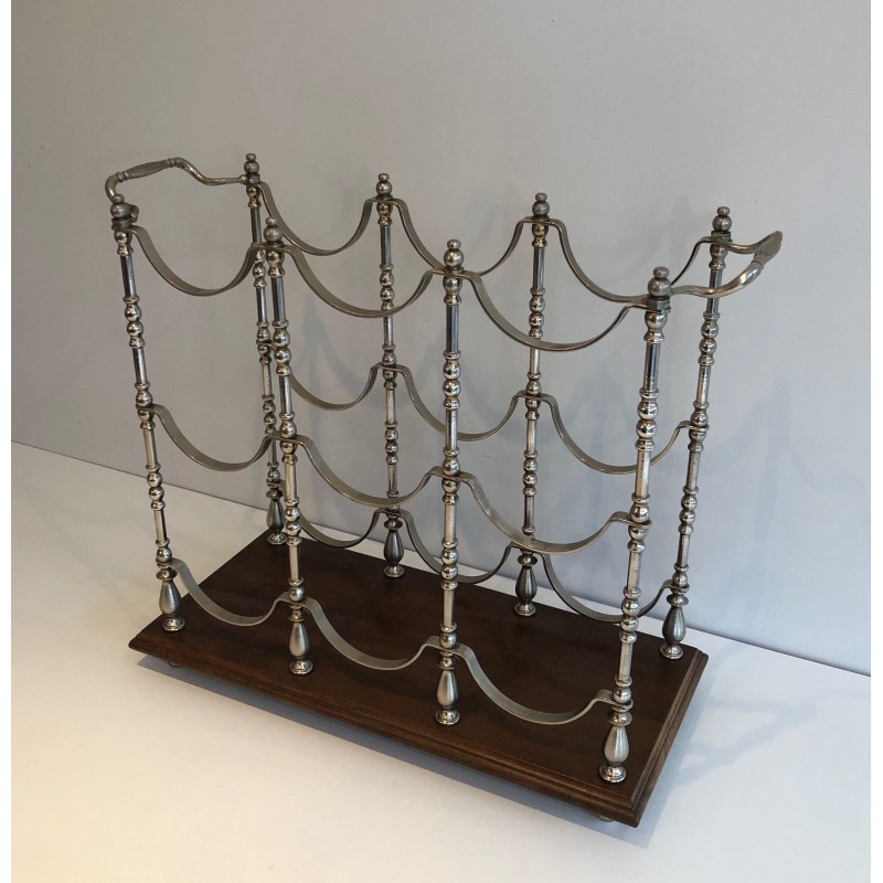 Porte-Bouteilles en Métal Argenté sur Socle en Bois, Travail Français, Vers 1960