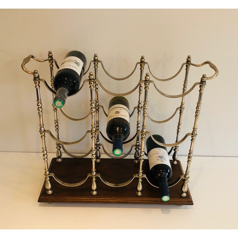 Silvered Metal Bottle Holder on Wooden Base, French Work, Circa 1960