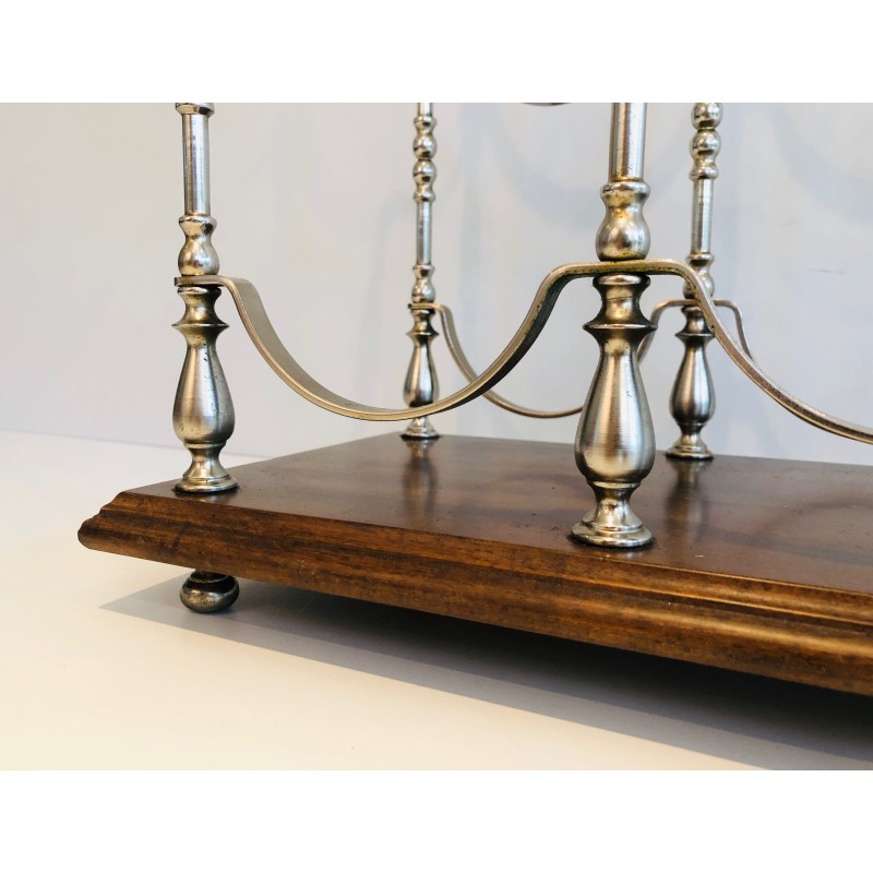 Silvered Metal Bottle Holder on Wooden Base, French Work, Circa 1960