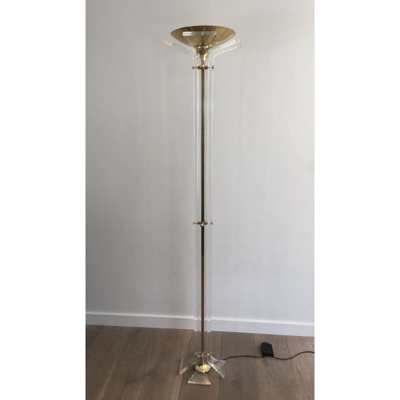 Rare Lampadaire en Laiton Doré et Plexiglass, Travail Italien, vers 1970 | Maison BARROIS