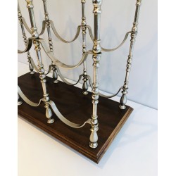 Porte-Bouteilles en Métal Argenté sur Socle en Bois, Travail Français, Vers 1960