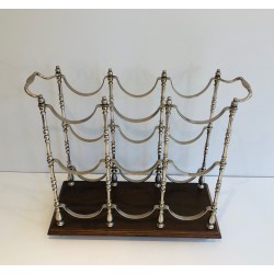 Porte-Bouteilles en Métal Argenté sur Socle en Bois, Travail Français, Vers 1960