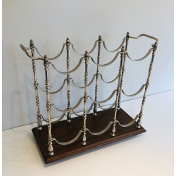 Porte-Bouteilles en Métal Argenté sur Socle en Bois, Travail Français, Vers 1960