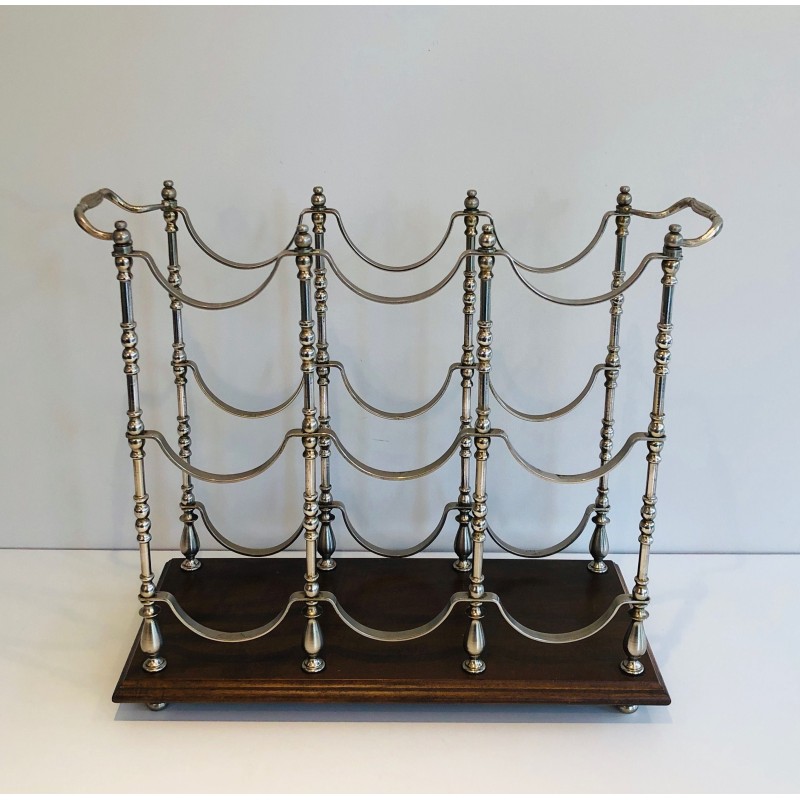 Porte-Bouteilles en Métal Argenté sur Socle en Bois, Travail Français, Vers 1960