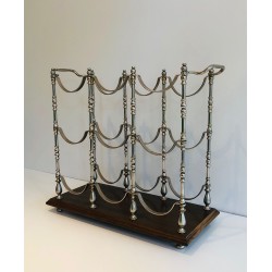 Porte-Bouteilles en Métal Argenté sur Socle en Bois, Travail Français, Vers 1960