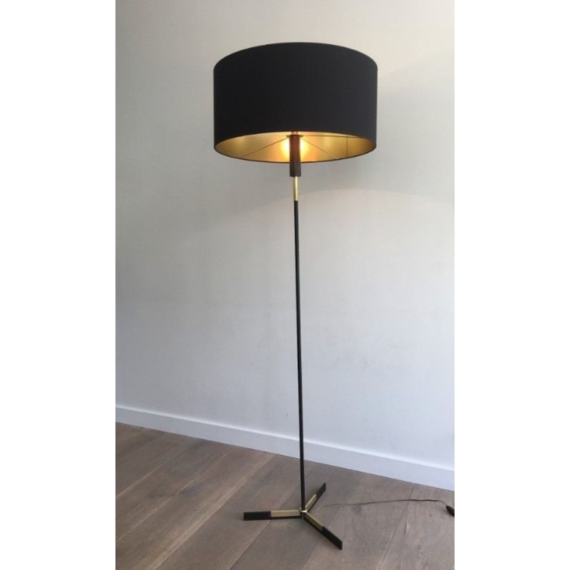 Lampadaire en Métal Laqué Noir et Laiton, Travail Français, vers 1950 | Maison BARROIS