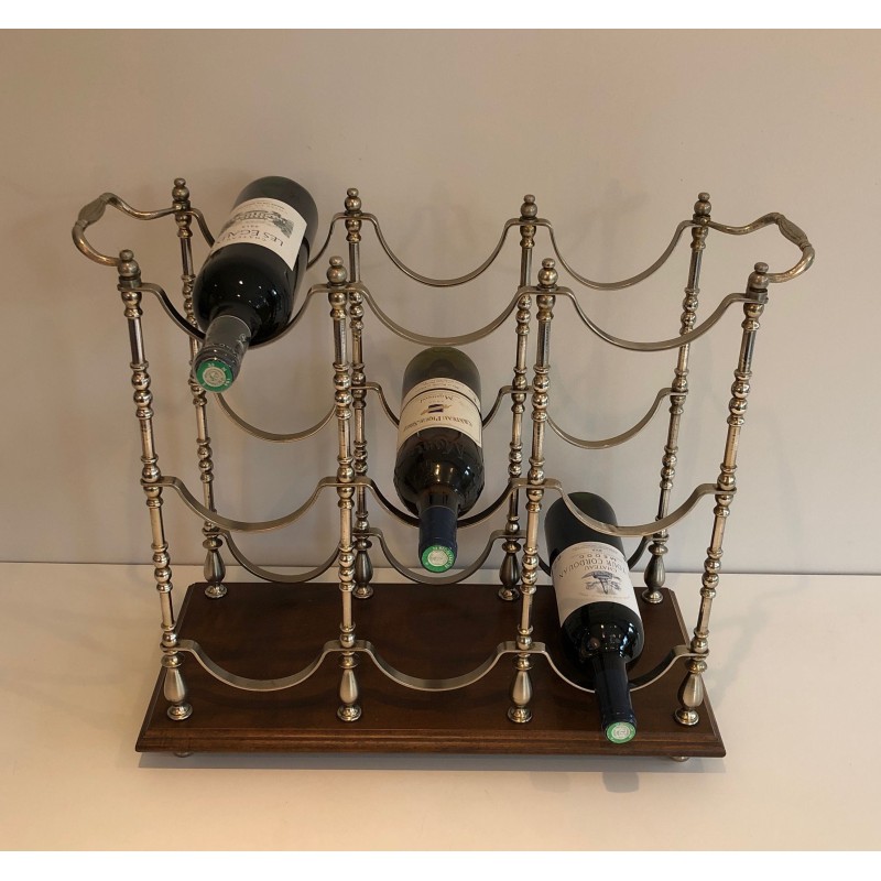 Silvered Metal Bottle Holder on Wooden Base, French Work, Circa 1960