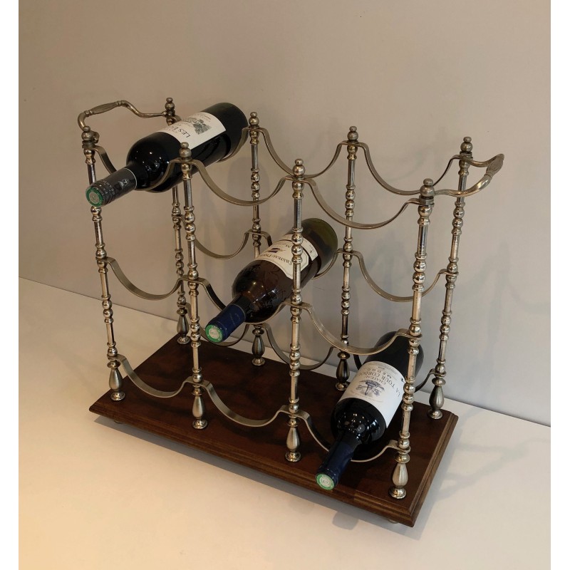 Silvered Metal Bottle Holder on Wooden Base, French Work, Circa 1960