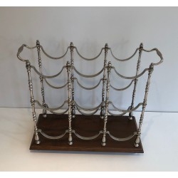 Silvered Metal Bottle Holder on Wooden Base, French Work, Circa 1960