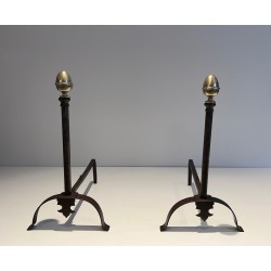 Pair of Wrought Iron and Brass Andirons, French Work, 19th Century