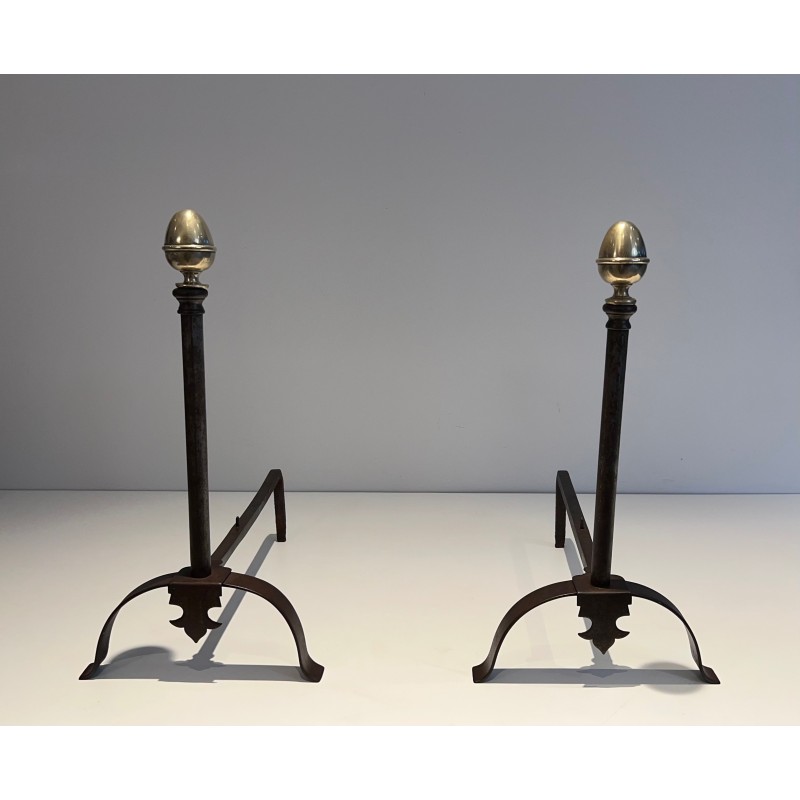 Pair of Wrought Iron and Brass Andirons, French Work, 19th Century