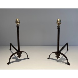 Pair of Wrought Iron and Brass Andirons, French Work, 19th Century