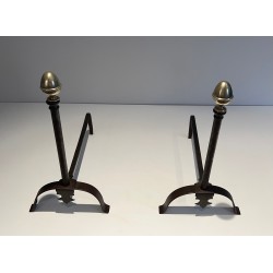 Pair of Wrought Iron and Brass Andirons, French Work, 19th Century