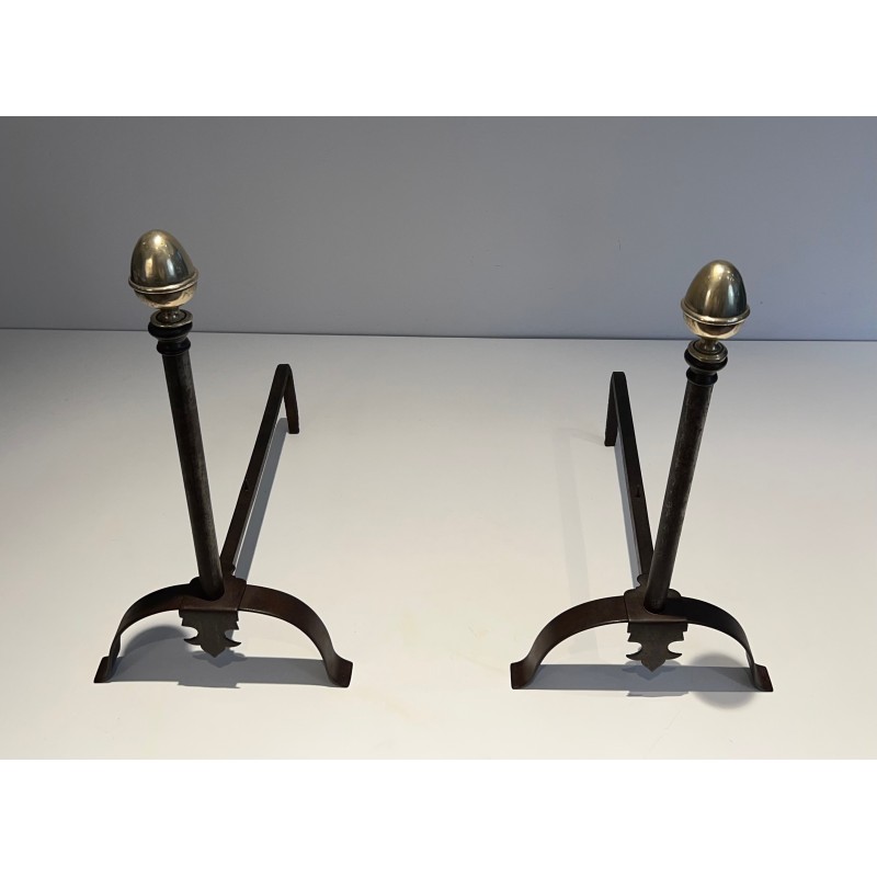 Pair of Wrought Iron and Brass Andirons, French Work, 19th Century