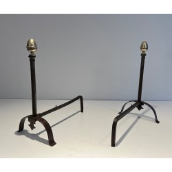 Pair of Wrought Iron and Brass Andirons, French Work, 19th Century
