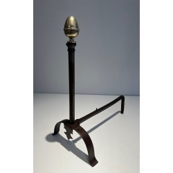 Pair of Wrought Iron and Brass Andirons, French Work, 19th Century