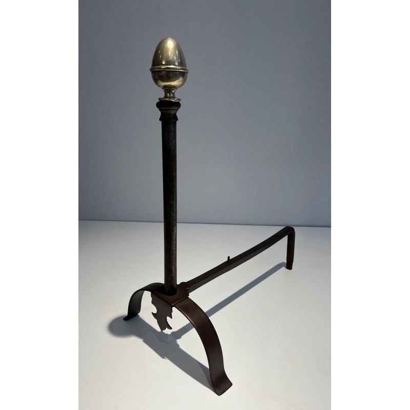 Pair of Wrought Iron and Brass Andirons, French Work, 19th Century