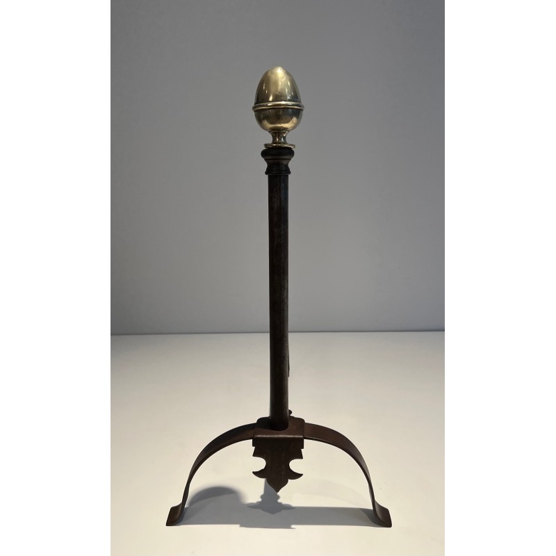 Pair of Wrought Iron and Brass Andirons, French Work, 19th Century