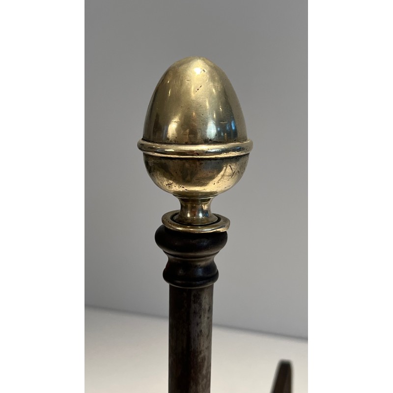 Pair of Wrought Iron and Brass Andirons, French Work, 19th Century