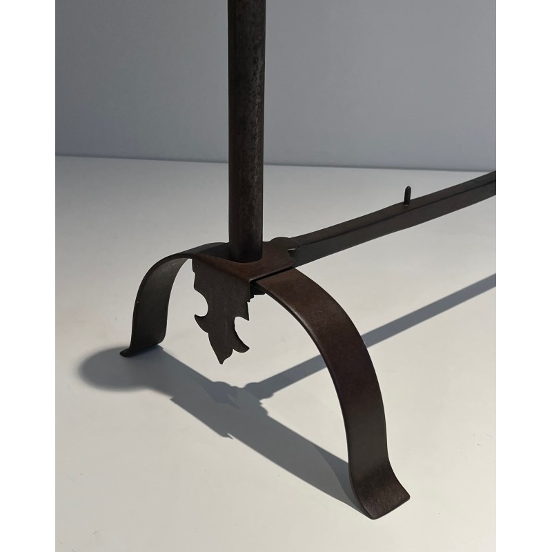 Pair of Wrought Iron and Brass Andirons, French Work, 19th Century