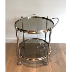 Round Silver Plated Metal Drinks Trolley with Smoked Glass Trays, French Work, Circa 1970