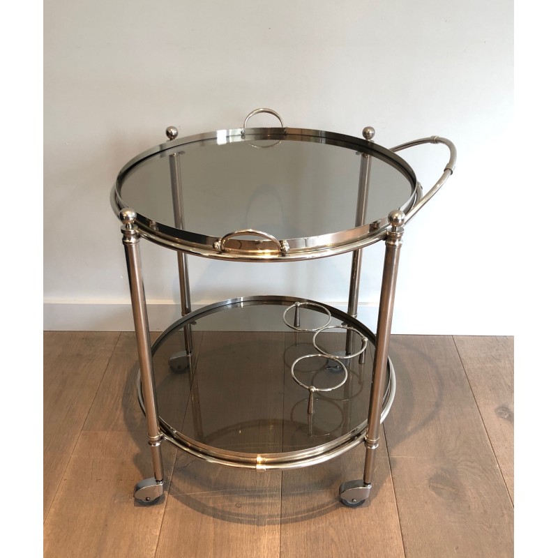 Table Roulante Ronde en Métal Argenté à Plateaux de Verre Fumé, Travail Français, Vers 1970