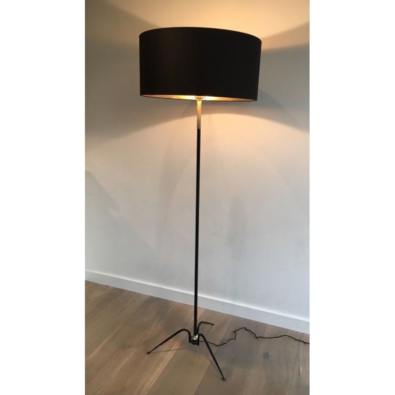 Lampadaire en Métal Laqué Noir et Laiton, Travail Français, vers 1950 | Maison BARROIS