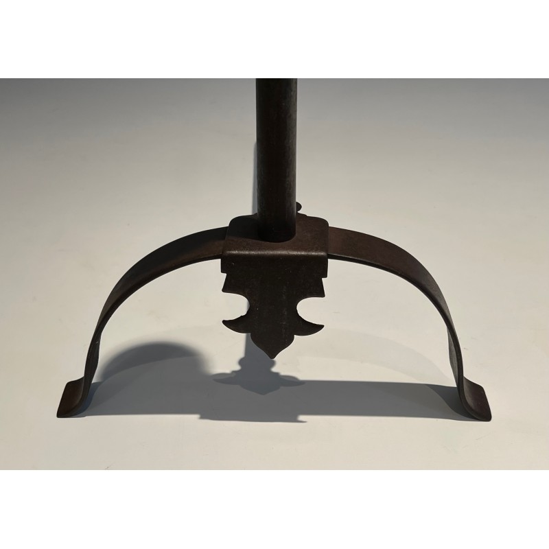 Pair of Wrought Iron and Brass Andirons, French Work, 19th Century