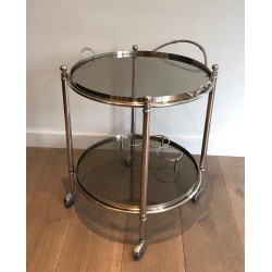 Table Roulante Ronde en Métal Argenté à Plateaux de Verre Fumé, Travail Français, Vers 1970