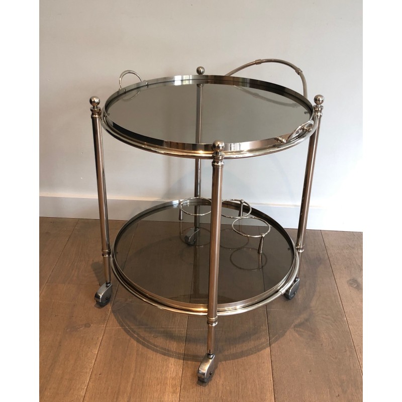 Round Silver Plated Metal Drinks Trolley with Smoked Glass Trays, French Work, Circa 1970