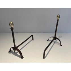 Pair of Wrought Iron and Brass Andirons, French Work, 19th Century