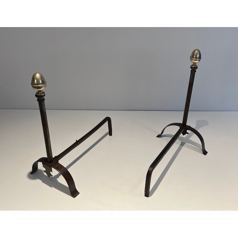 Pair of Wrought Iron and Brass Andirons, French Work, 19th Century