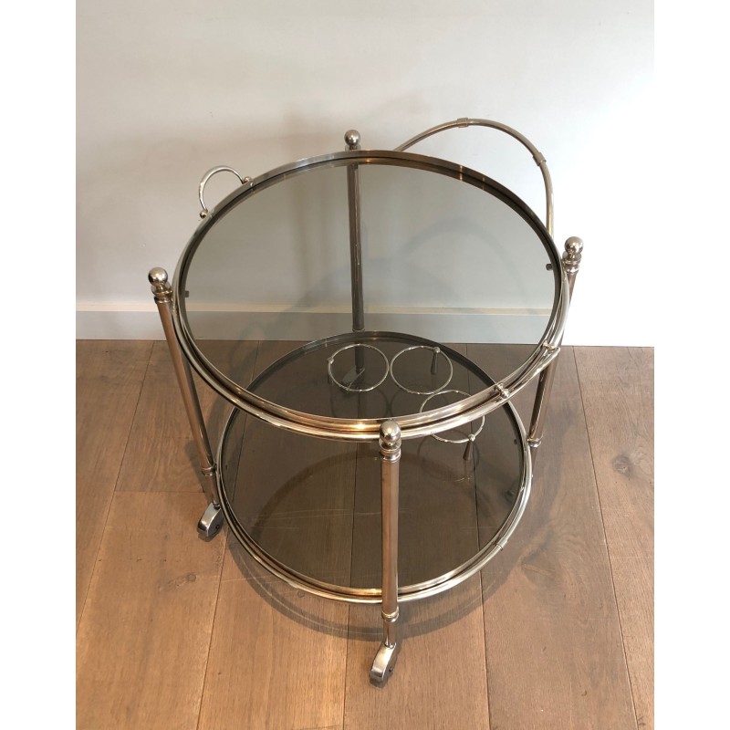 Round Silver Plated Metal Drinks Trolley with Smoked Glass Trays, French Work, Circa 1970