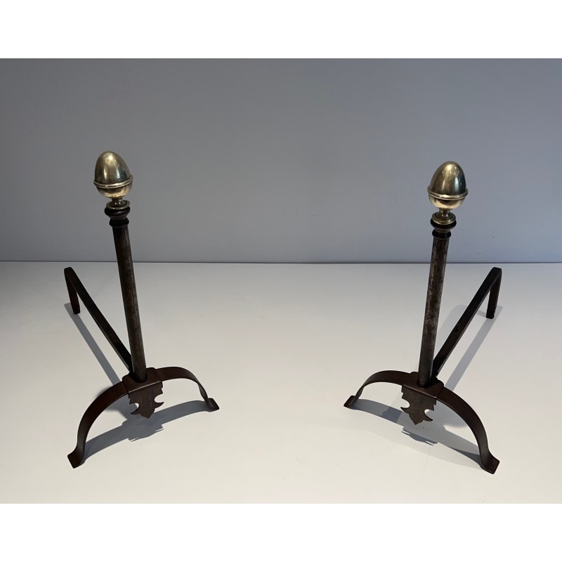 Pair of Wrought Iron and Brass Andirons, French Work, 19th Century