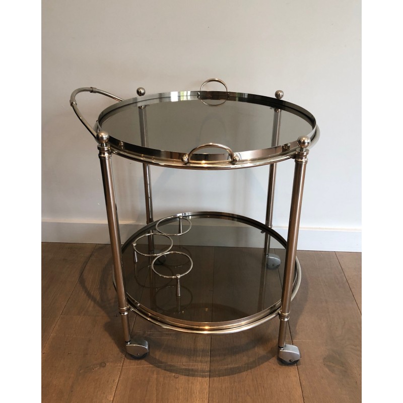 Round Silver Plated Metal Drinks Trolley with Smoked Glass Trays, French Work, Circa 1970