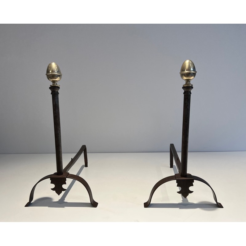 Pair of Wrought Iron and Brass Andirons, French Work, 19th Century