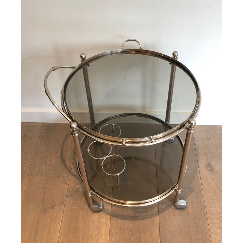 Round Silver Plated Metal Drinks Trolley with Smoked Glass Trays, French Work, Circa 1970