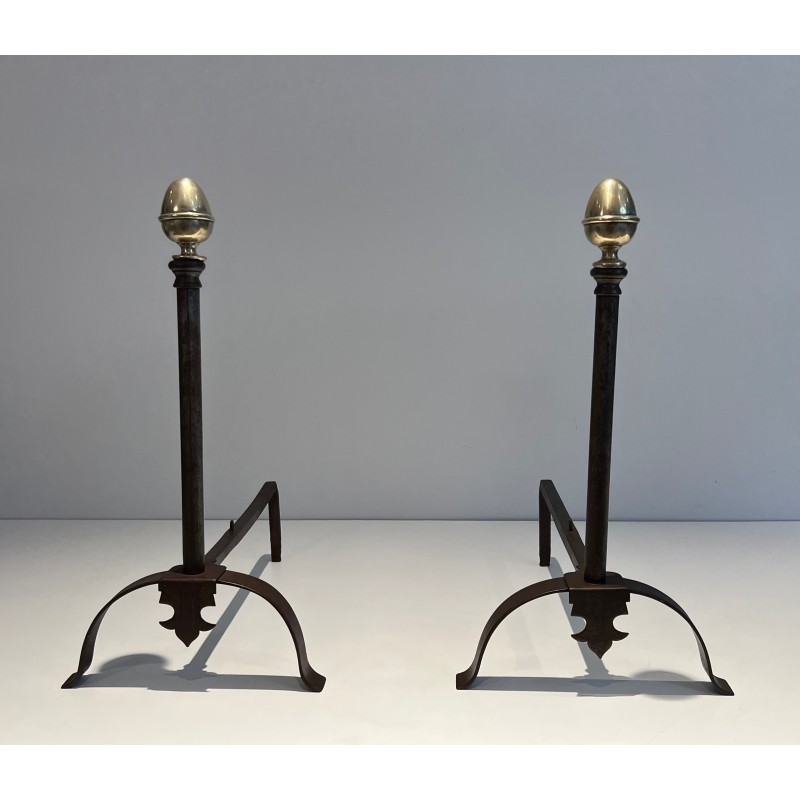 Pair of Wrought Iron and Brass Andirons, French Work, 19th Century