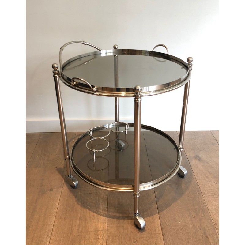 Table Roulante Ronde en Métal Argenté à Plateaux de Verre Fumé, Travail Français, Vers 1970