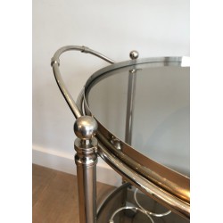Round Silver Plated Metal Drinks Trolley with Smoked Glass Trays, French Work, Circa 1970