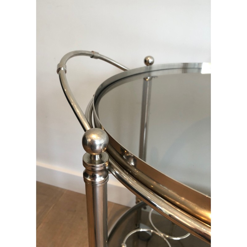 Round Silver Plated Metal Drinks Trolley with Smoked Glass Trays, French Work, Circa 1970