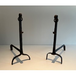 Pair of Wrought Iron Landiers with Ratchet Rack, Fine French Ironwork, 18th Century