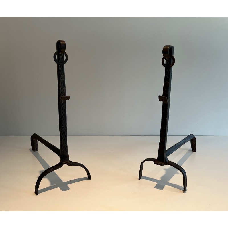 Pair of Wrought Iron Landiers with Ratchet Rack, Fine French Ironwork, 18th Century