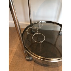 Round Silver Plated Metal Drinks Trolley with Smoked Glass Trays, French Work, Circa 1970