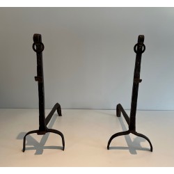 Pair of Wrought Iron Landiers with Ratchet Rack, Fine French Ironwork, 18th Century
