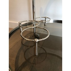 Table Roulante Ronde en Métal Argenté à Plateaux de Verre Fumé, Travail Français, Vers 1970