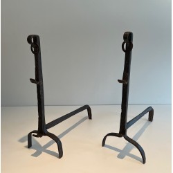 Pair of Wrought Iron Landiers with Ratchet Rack, Fine French Ironwork, 18th Century
